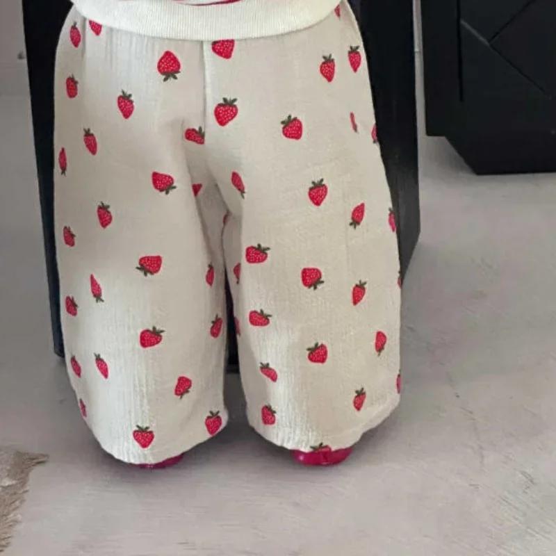 Pantalon d'automne pour fille, imprimé fraise, taille élastique, abricot, Long, décontracté, pour en