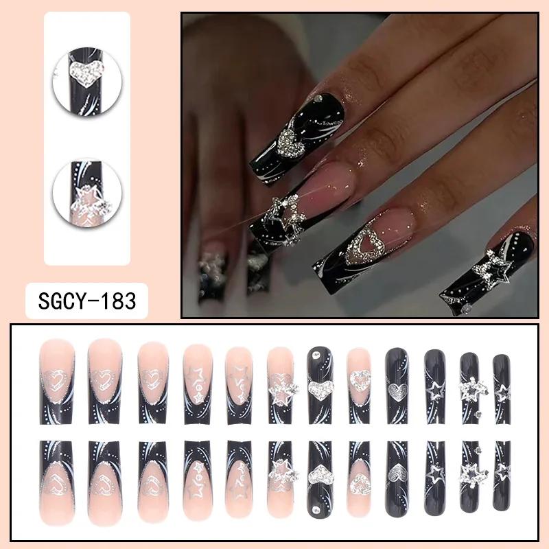Ensemble de 24 pointes d'ongles français noires de forme rectangulaire, à la mode, avec paillettes e