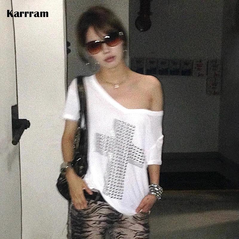 Karrram japonais Y2k métal croix imprimé T-shirt Trashy 2000s col en v transparent hauts Vintage Har