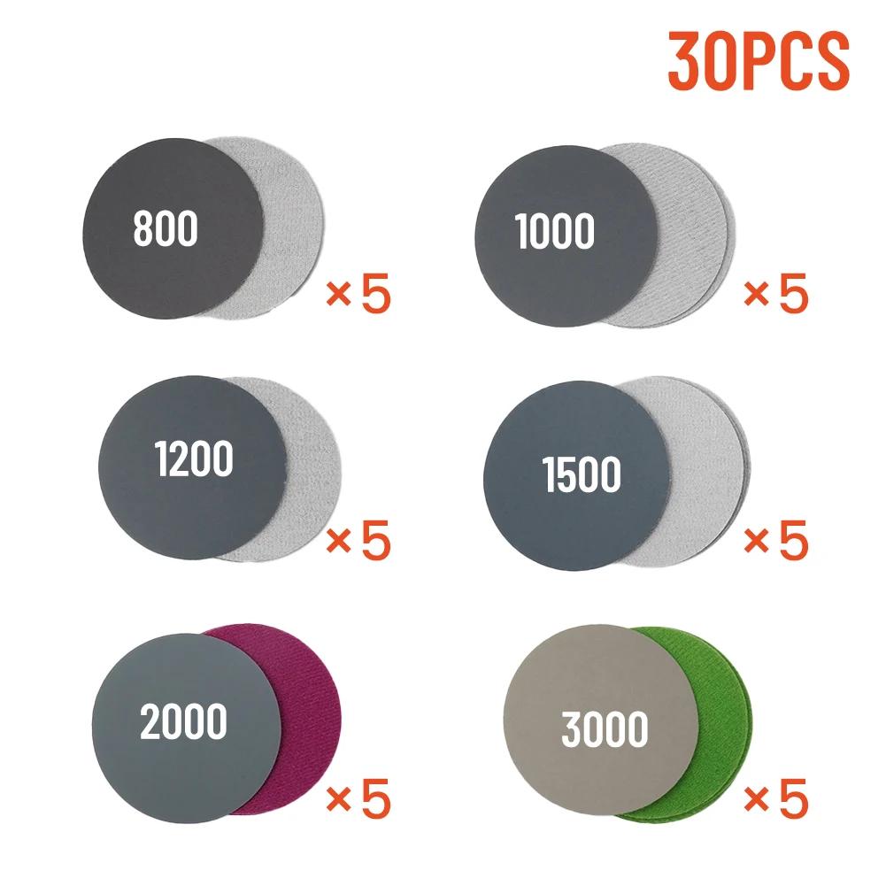 30 pièces papier abrasif eau/sec 3 pouces 75mm disque de ponçage à crochet et boucle 800 1000 1200 1