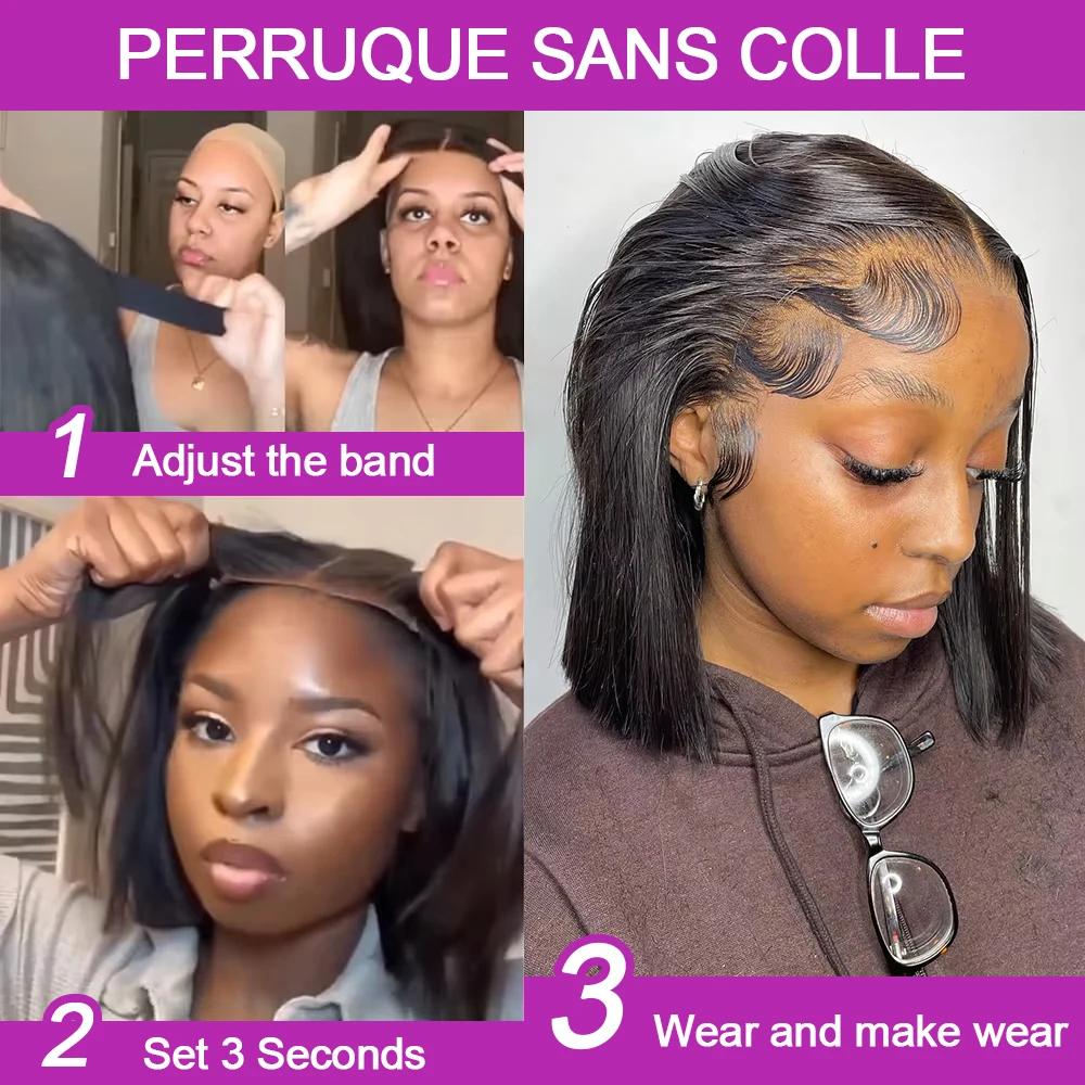 Pas de colle brésilienne HD Transparent 13x4 os droit court Bob sans colle perruques de cheveux huma