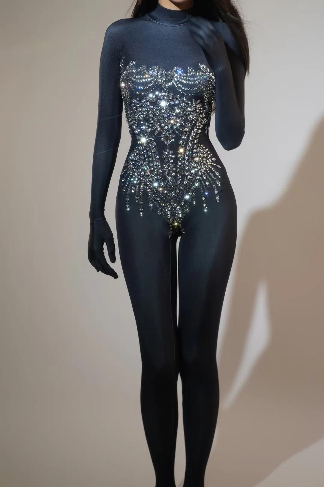 Combinaison extensible avec strass scintillants pour femmes, tenue de soirée Sexy pour Club, Drag Qu