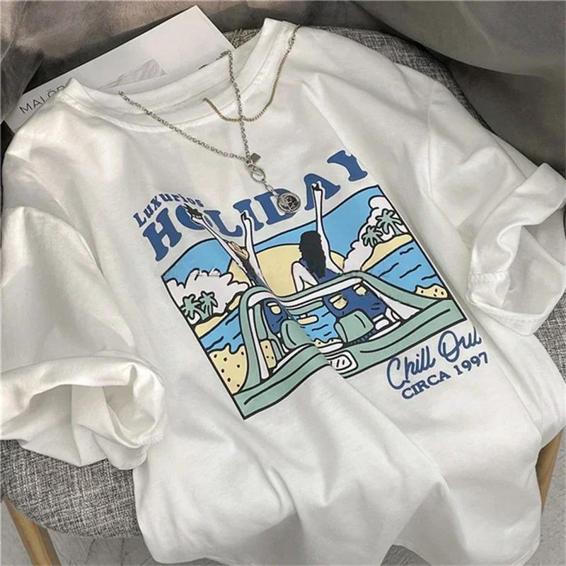 T-shirt manches courtes col rond femme, rétro américain, Chic, blanc, tendance, imprimé, été