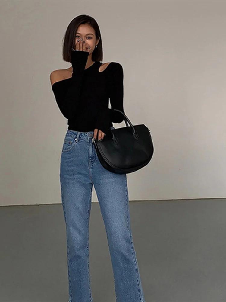 Mode col incliné épaules dénudées à manches longues T-shirts femmes printemps nouveau solide coupe a