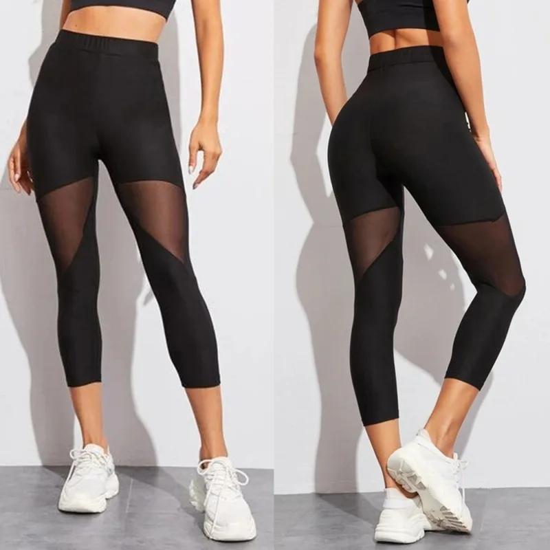 Leggings en maille patchwork noir pour femmes, pantalon élastique, capri, leggings de fitness