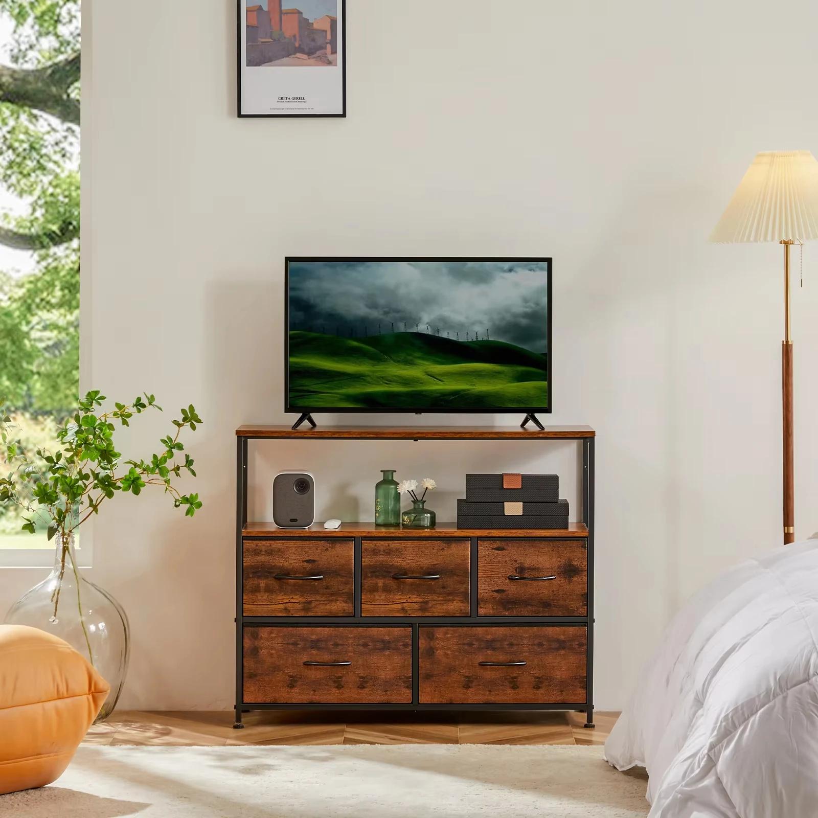 JHK cheminée meuble TV commode pour chambre à coucher avec 5 tiroirs en tissu placard de rangement p
