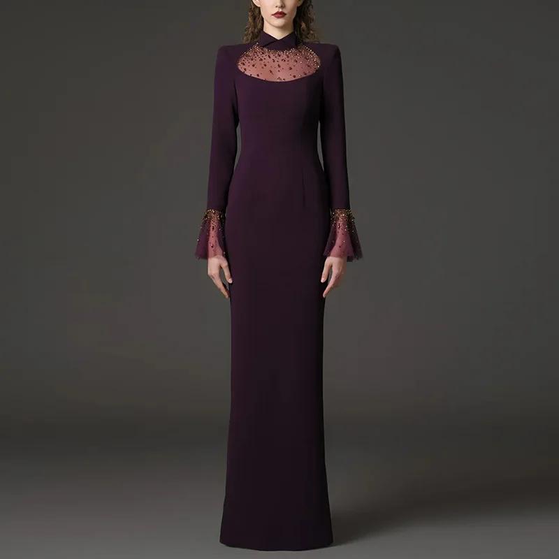Nouvelle Collection 2026 – Robe Longue de Créateur pour Femme avec Col à Revers, Maille Patchwork, D