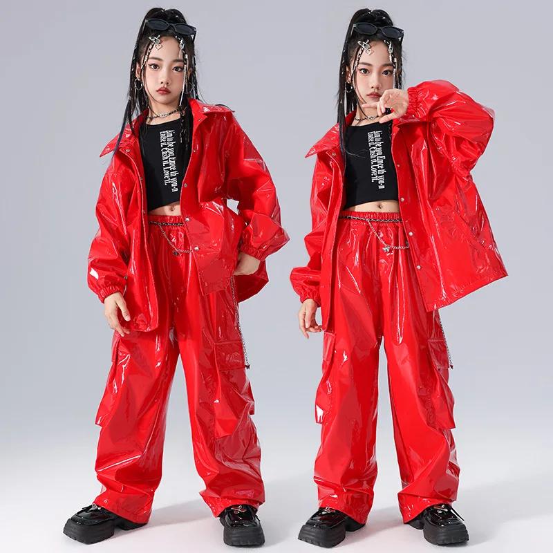 Ensembles veste et pantalon en cuir brillant pour enfants, vêtements de performance de danse sur scè