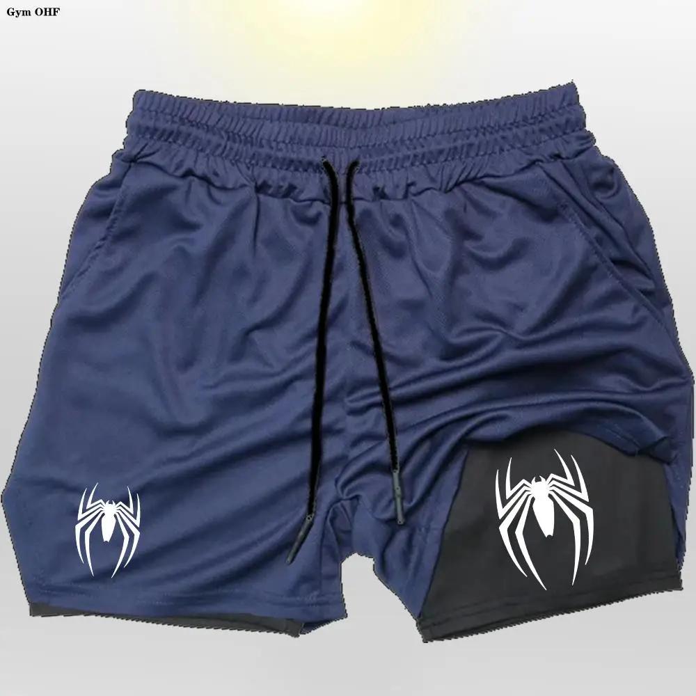 Spider-Shorts de sport à double pont pour hommes, bas de plage 2 en 1, pantalons courts d'entraîneme
