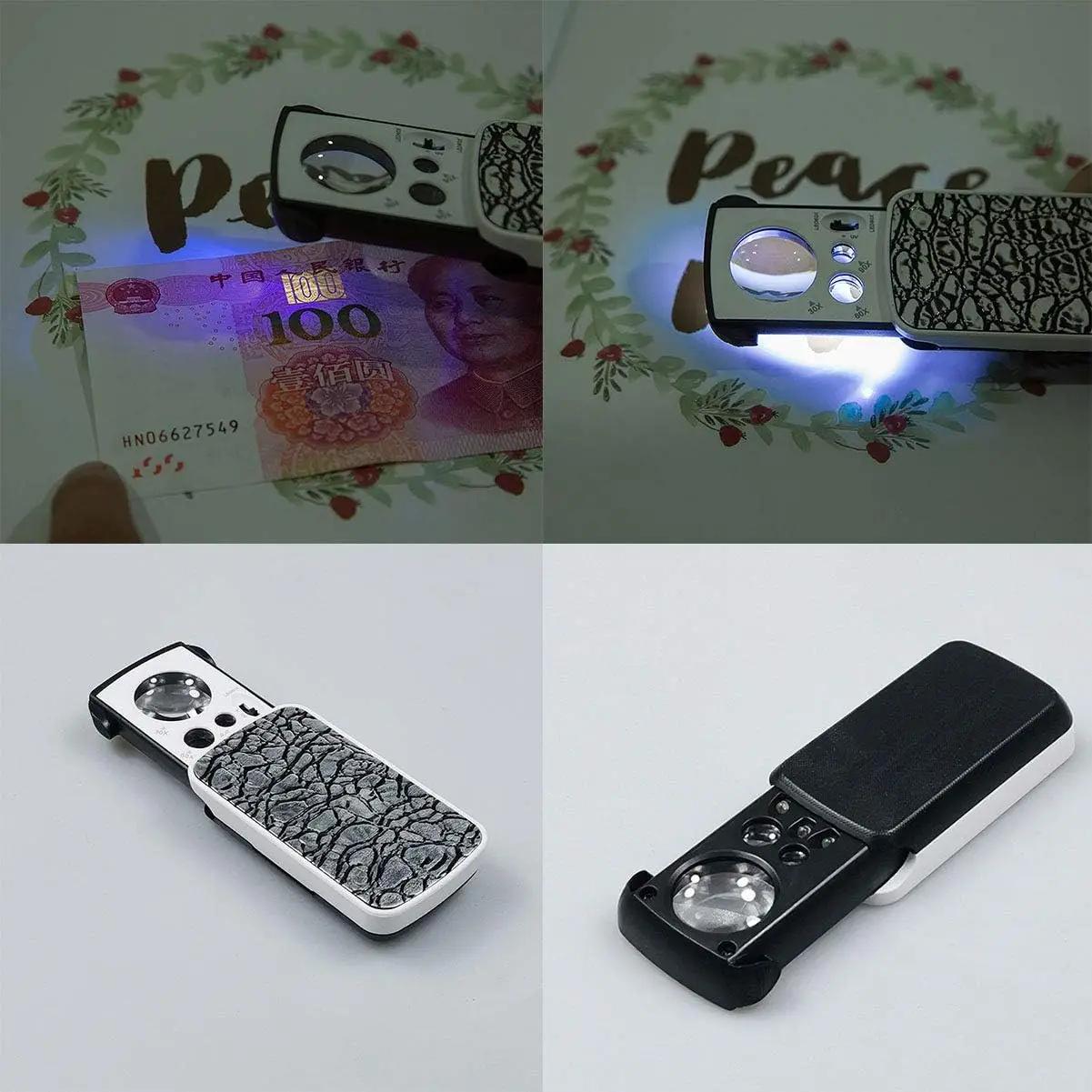 Loupe de bijoux avec lumière UV LED 30X 60X 90X, Loupe oculaire de bijoutier pliable pour pierres pr