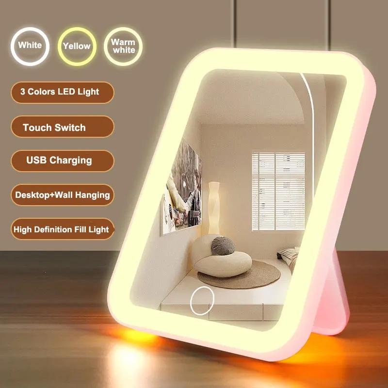 Miroir de courtoisie LED portable avec écran tactile, 3 couleurs, aste par USB, gradation, maquillag