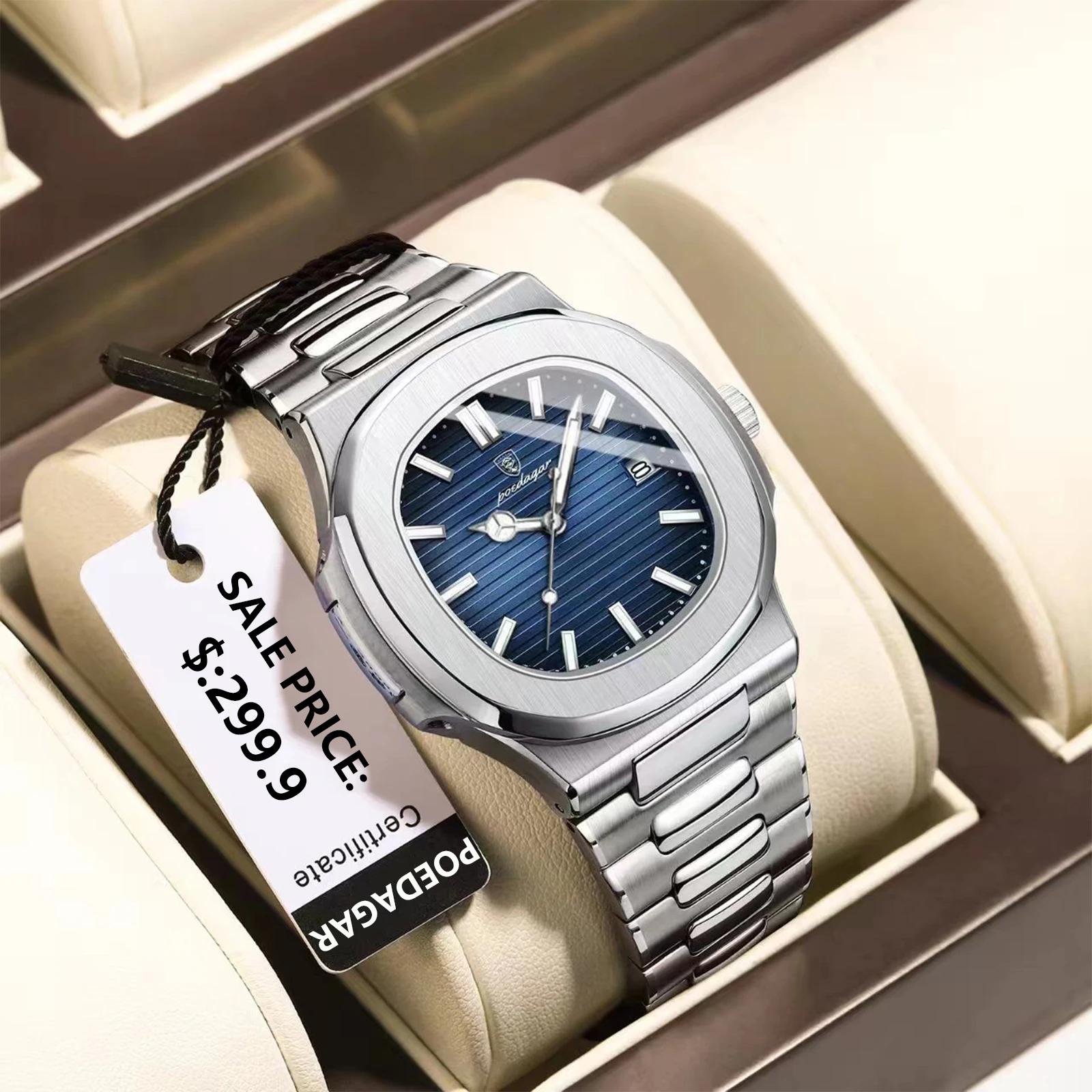 POEDAGAR marque de luxe hommes montre-bracelet à Quartz en acier inoxydable étanche lumineux Date ho