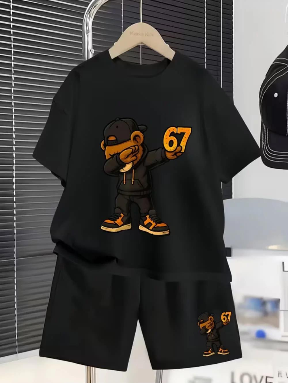 Nouvel ensemble cool 2026 de t-shirt et short pour enfants avec 67 motifs amusants – Vêtements décon