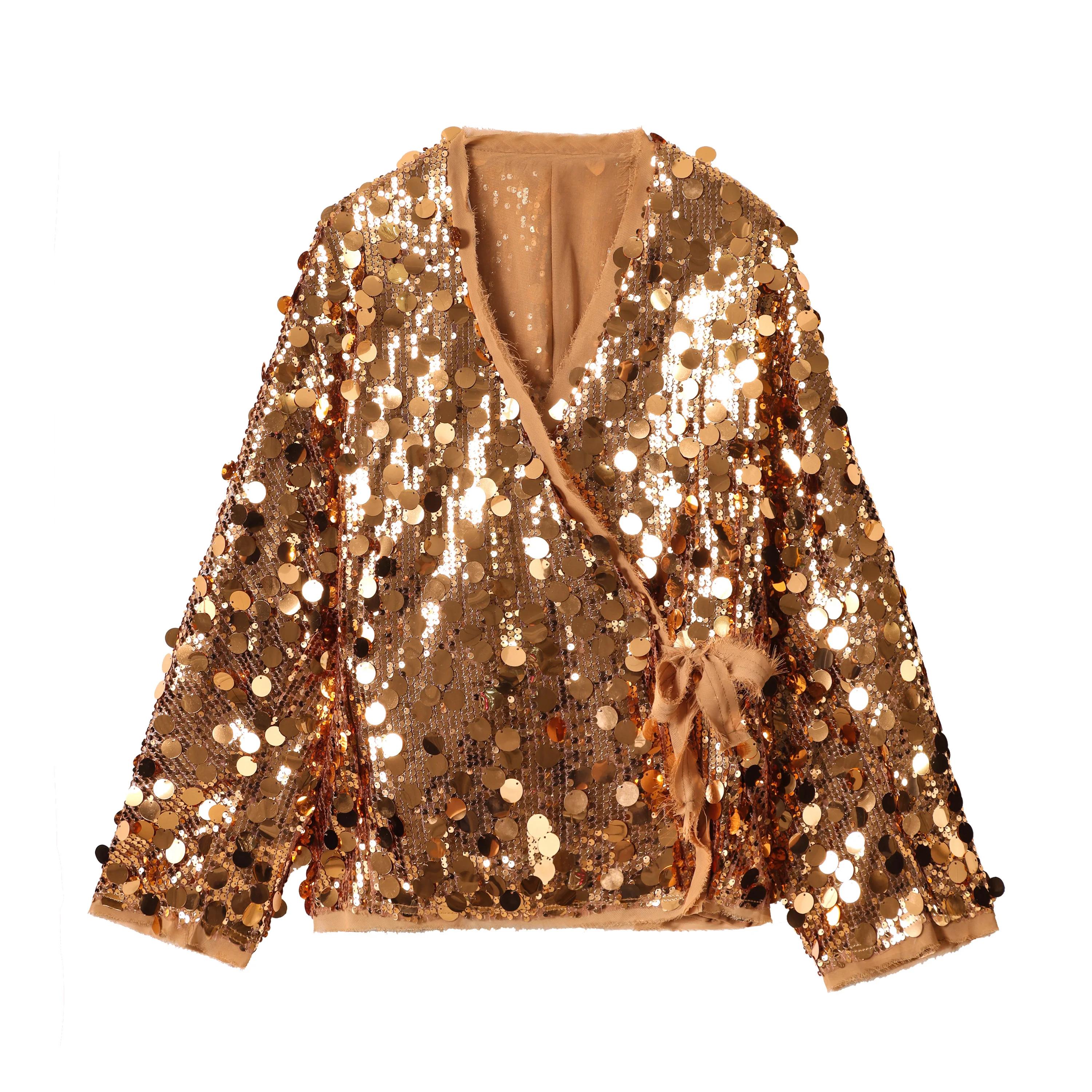 Mode à lacets paillettes Patchwork Kimono femmes Chic col en V manches longues veste ample automne n
