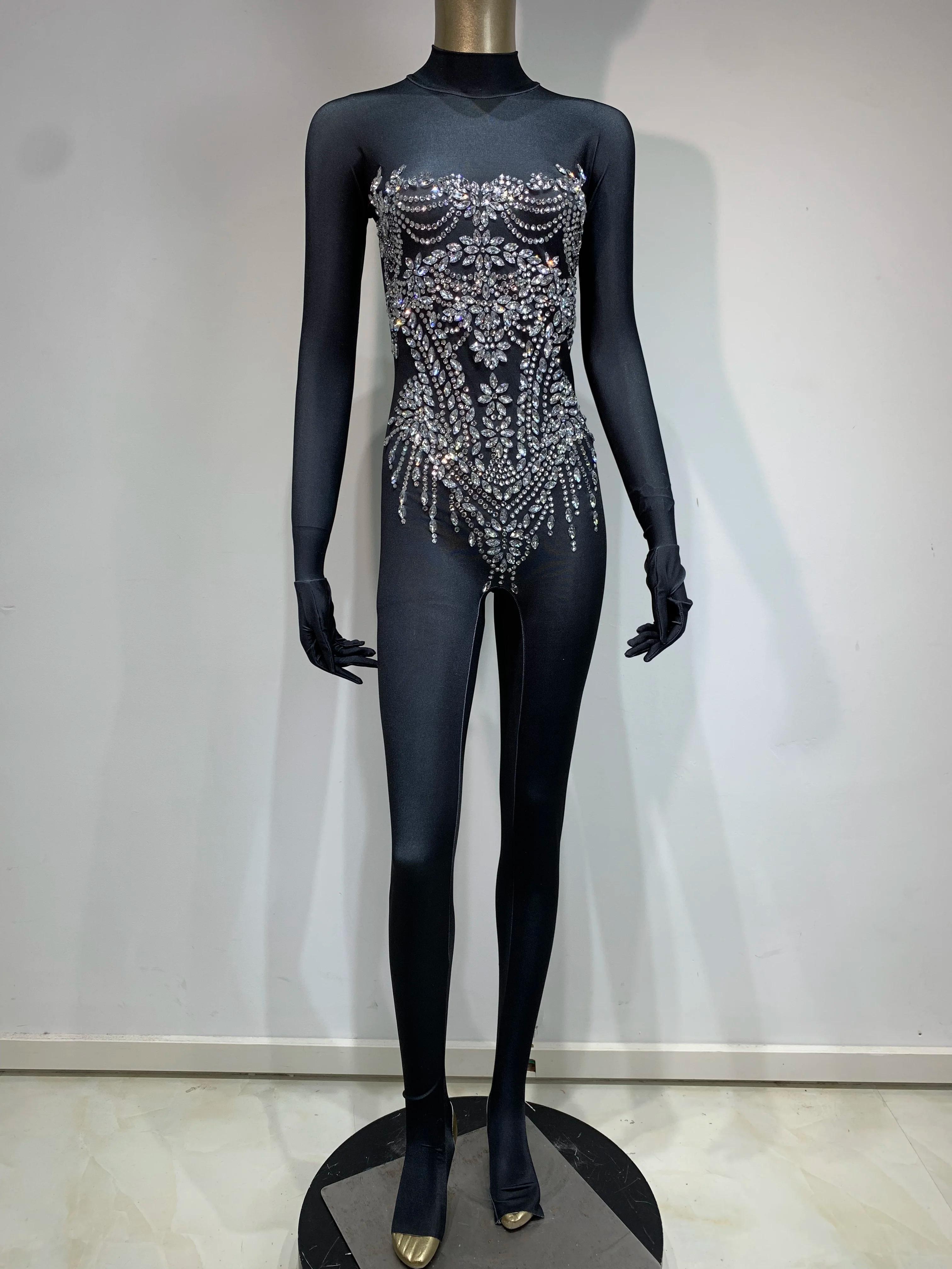 Combinaison extensible avec strass scintillants pour femmes, tenue de soirée Sexy pour Club, Drag Qu