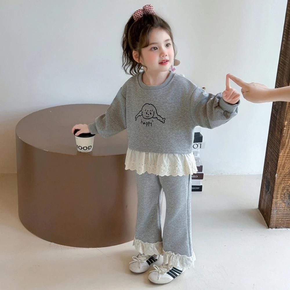 Vêtements unis pour filles, Version coréenne, épissure de dentelle, ensemble pour enfants, manches l