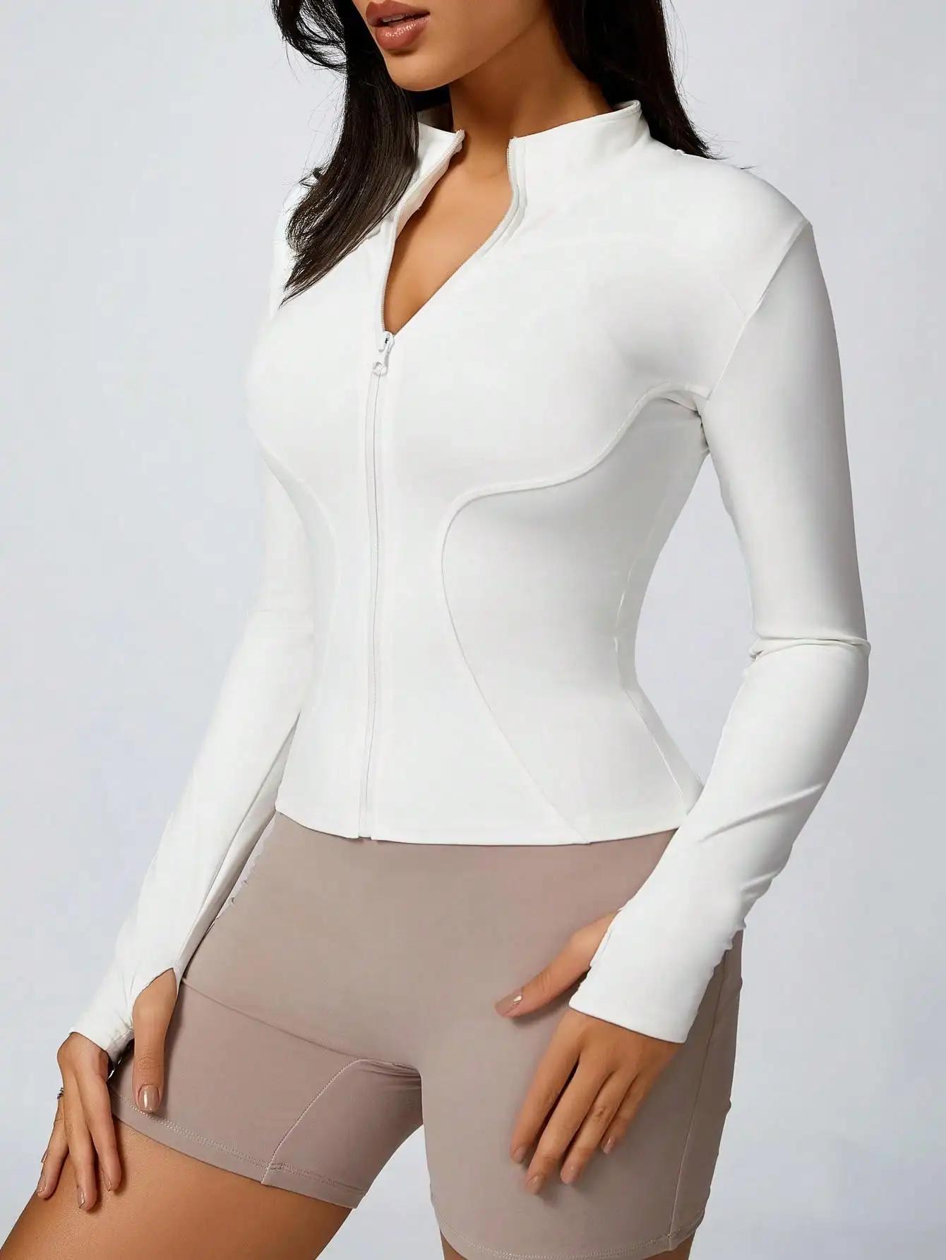 Veste de sport à col roulé avec fermeture éclair de couleur unie pour femmes, haut de sport à manche