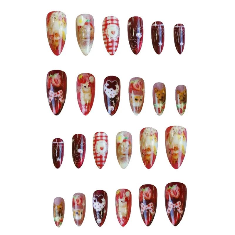 24 pièces fraise oeil de chat presse sur ongles japonais Vintage Style amande faux ongles mignon cha