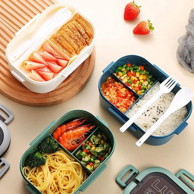 Boîte à lunch à bento portable étanche pour enfants, 2 couches, cuillère et fourchette, grande capac
