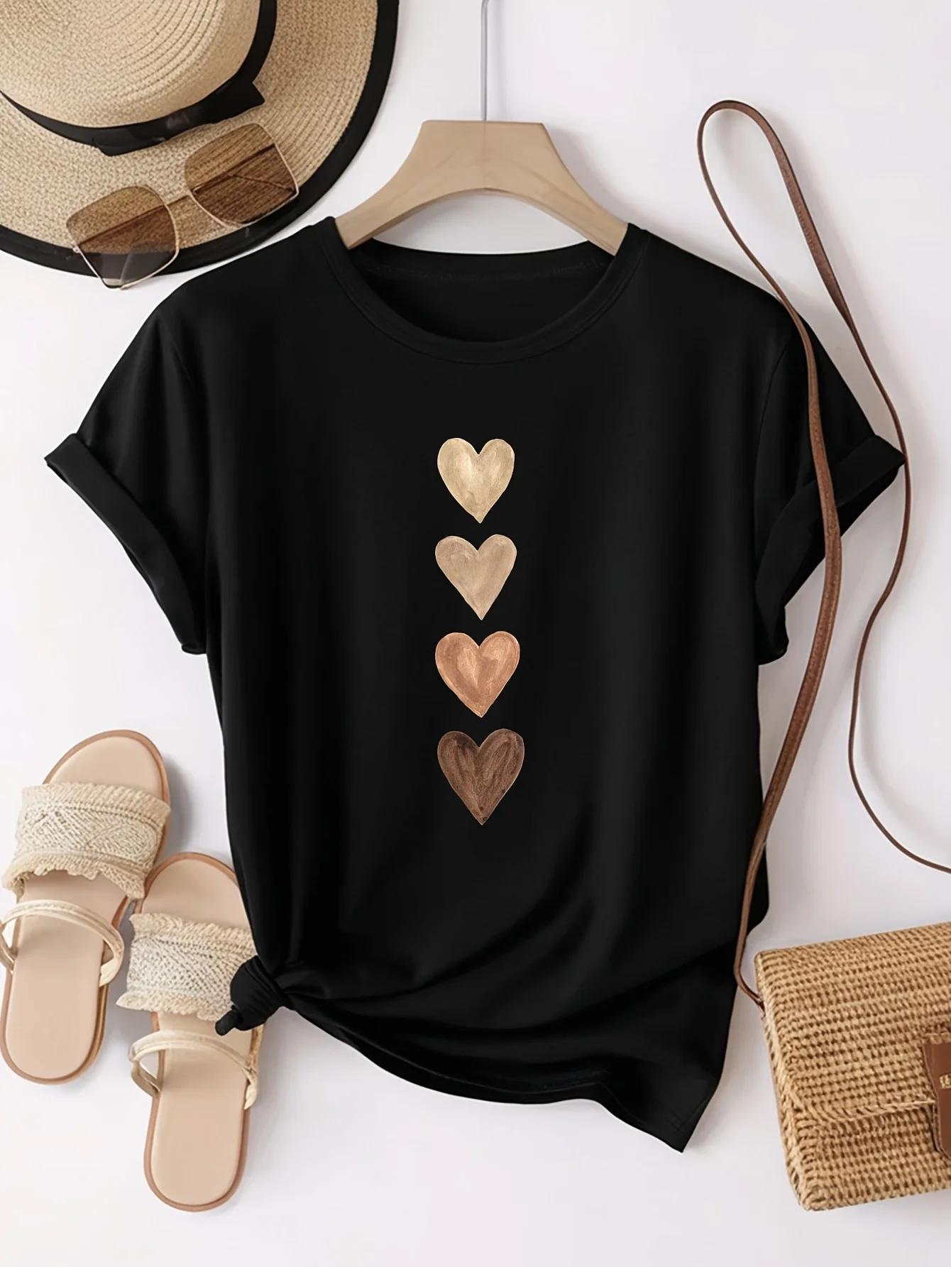 T-shirt décontracté à manches courtes pour femmes avec imprimé graphique quatre coeurs – Noir et dor