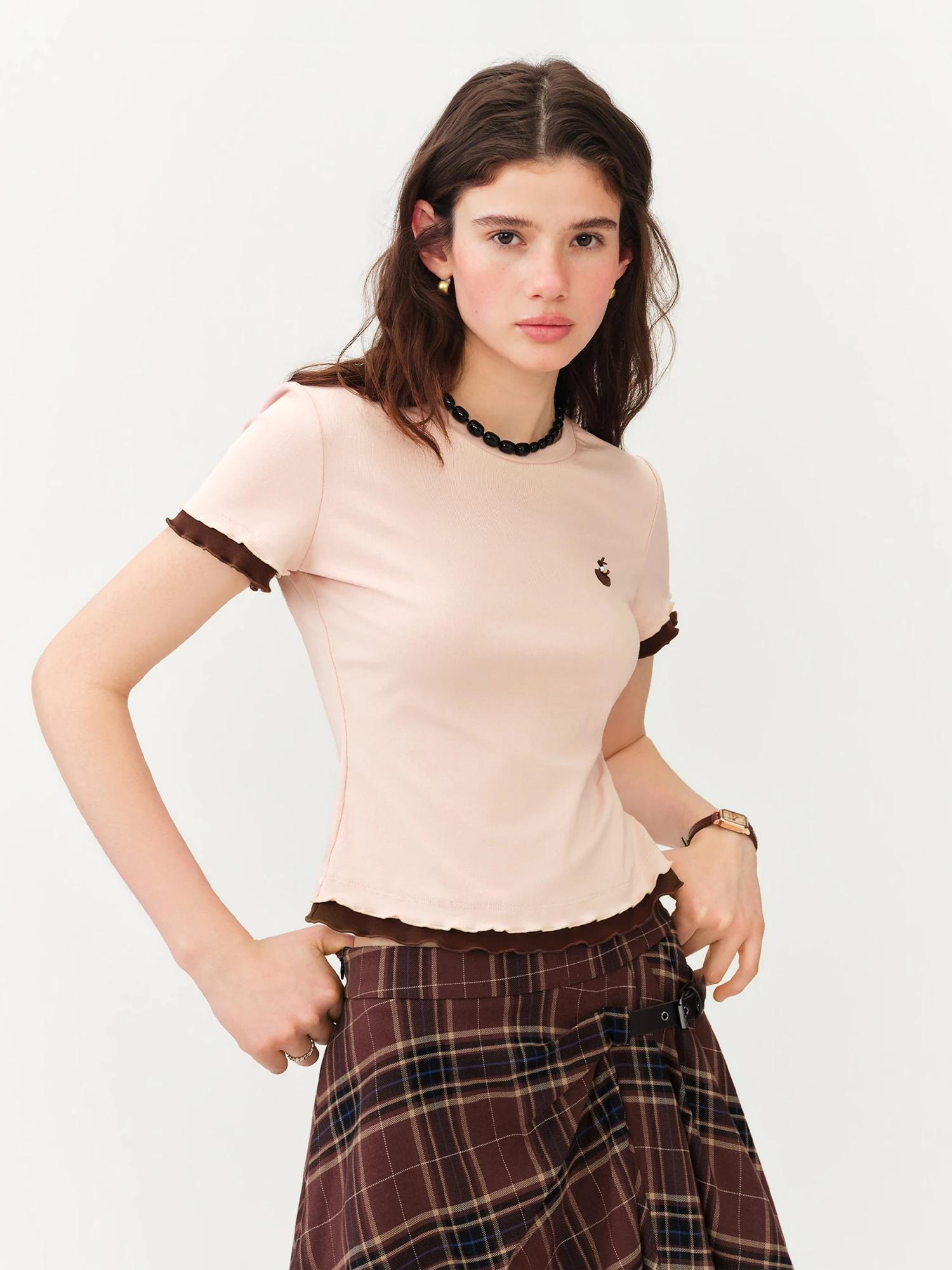 T-shirt à manches courtes en coton FSLE pour femme, effet deux pièces, couleur contrastante, style «