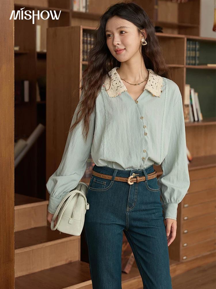 MISHOW chemise en lin pour femmes 2025 automne contraste abricot revers chemises à manches longues p