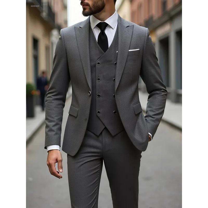 Costume homme fin et simple, couleur unie, simple boutonnage, style britannique, manches longues, av
