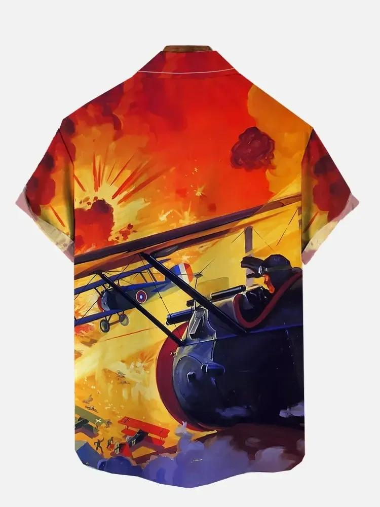 Chemise hawaïenne à manches courtes pour hommes, poche poitrine imprimée, éléments de la guerre de l