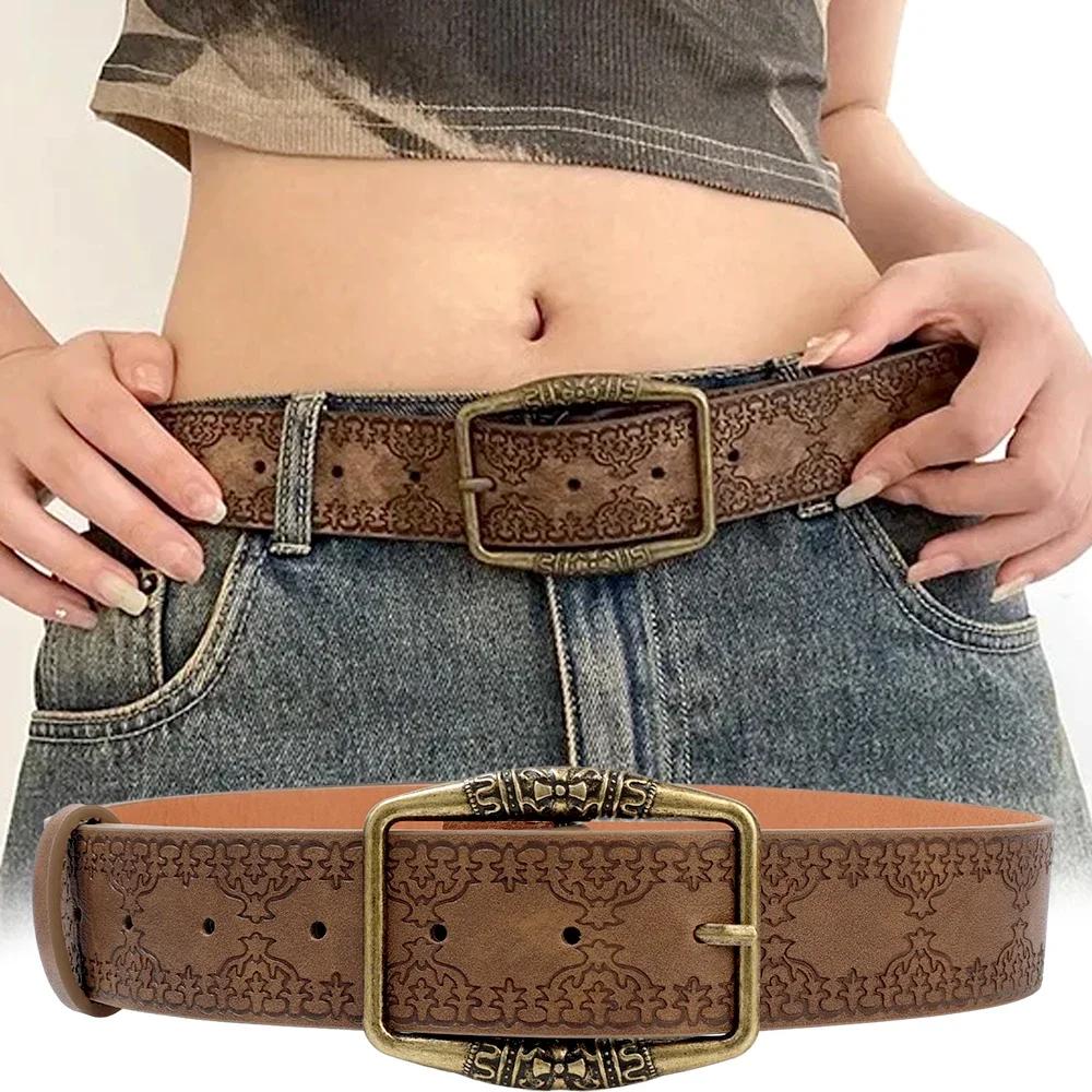 Ceinture de taille en cuir PU pour femme, ceinture assortie, motif rétro, imprimé environnemental, m