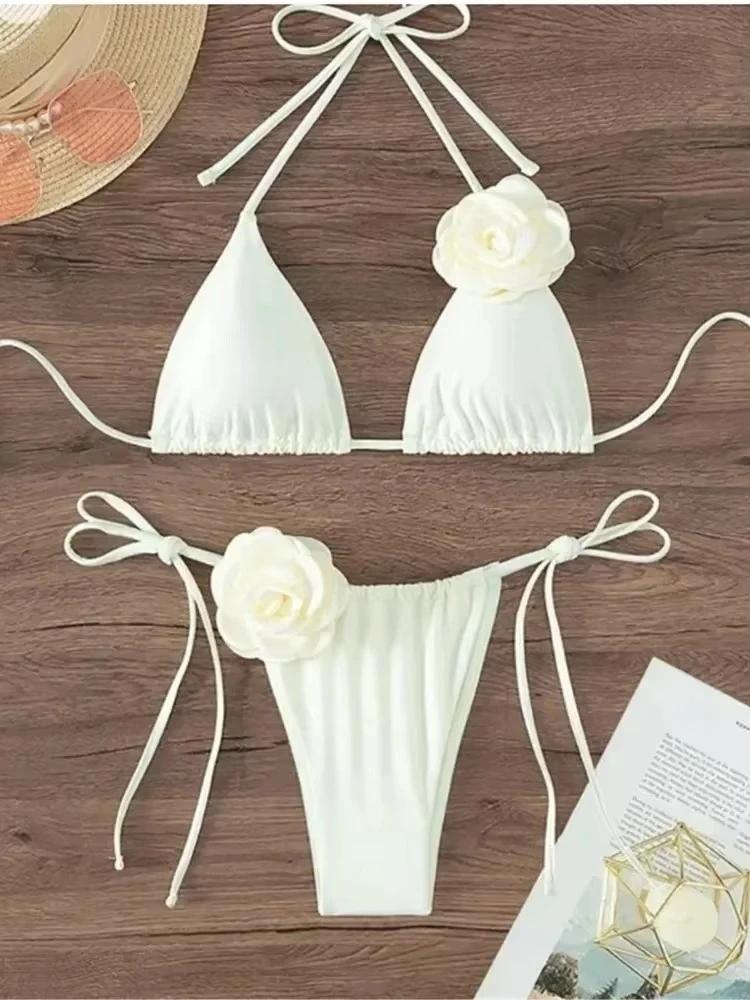 Sexy fleur maillot de bain bandeau string Bikini femmes à lacets maillots de bain natation maillot d