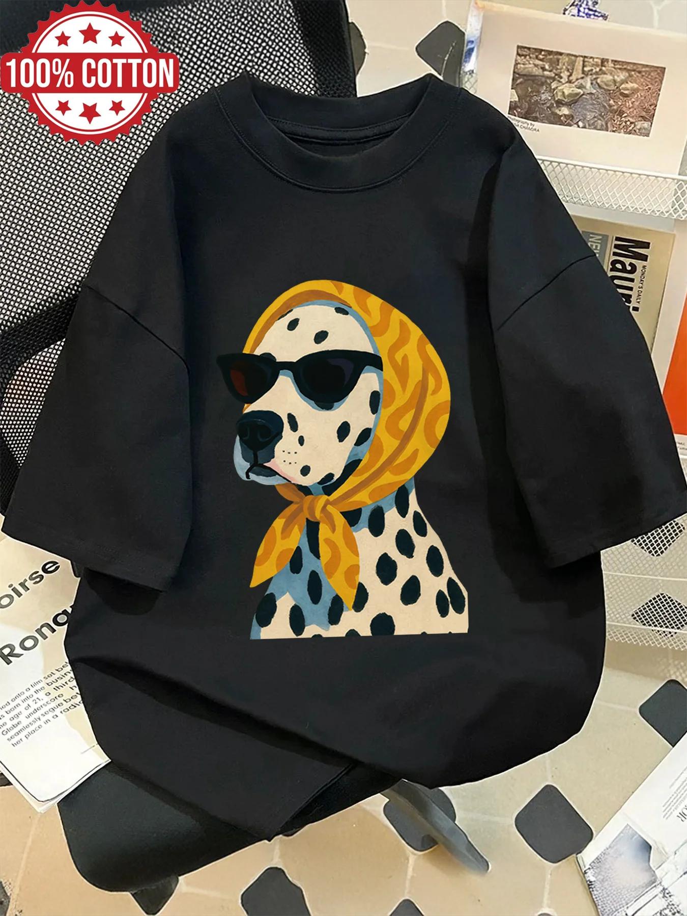 T-shirt unisexe décontracté ample à manches courtes en coton respirant imprimé Dalmatien style rétro
