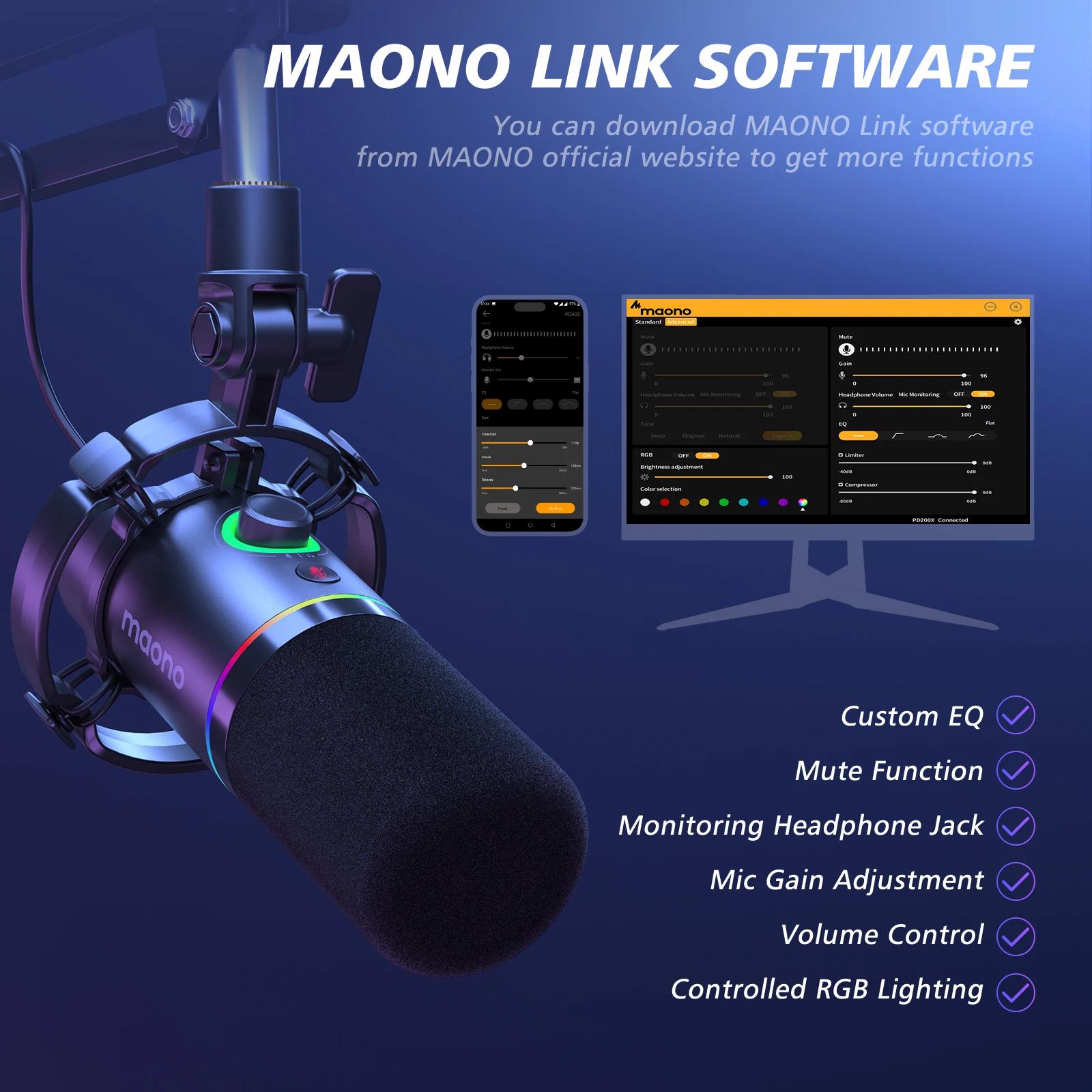 Microphone dynamique Maono PD200XS XLR/USB double mode, micro pour podcast avec logiciel Maonolink e