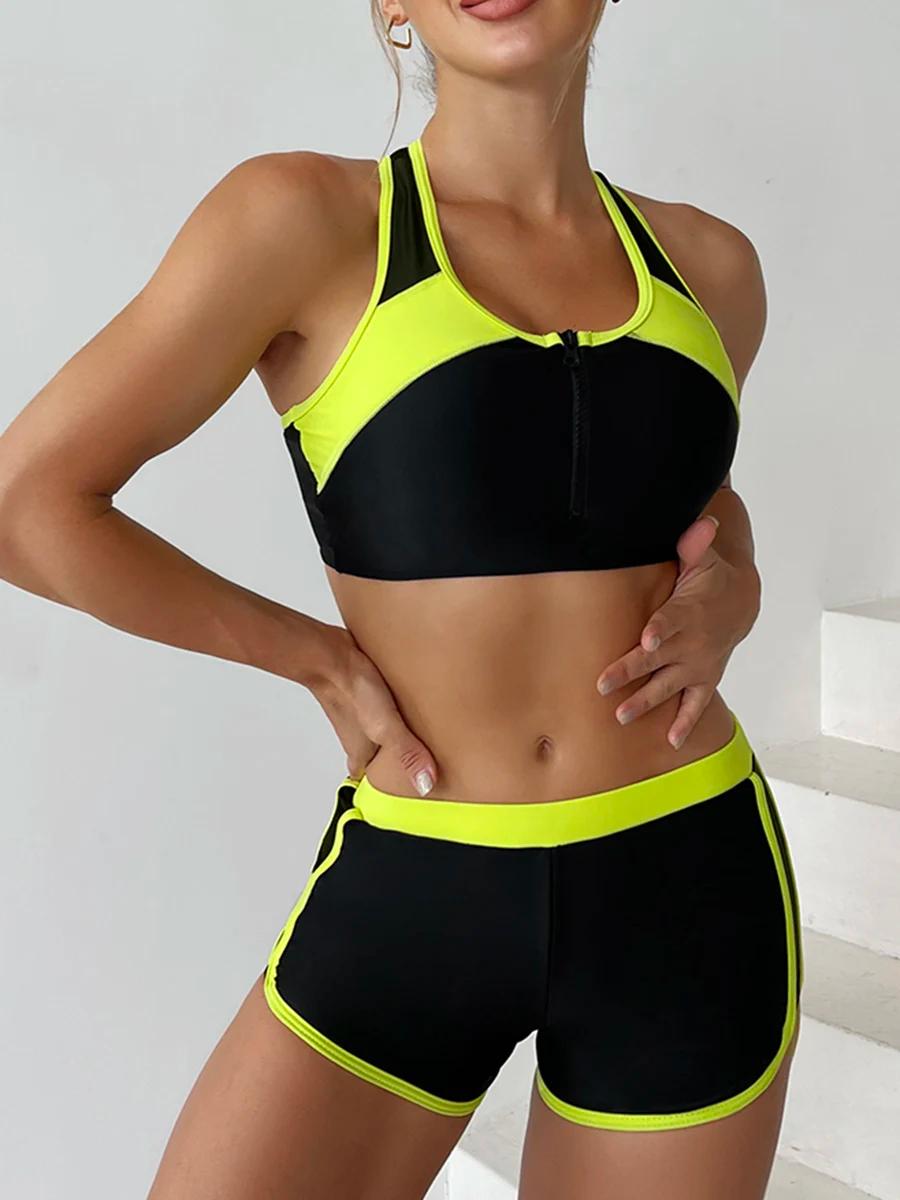 Bikini deux pièces zippé 2026 avec short pour femme - Tenue de plage sportive estivale