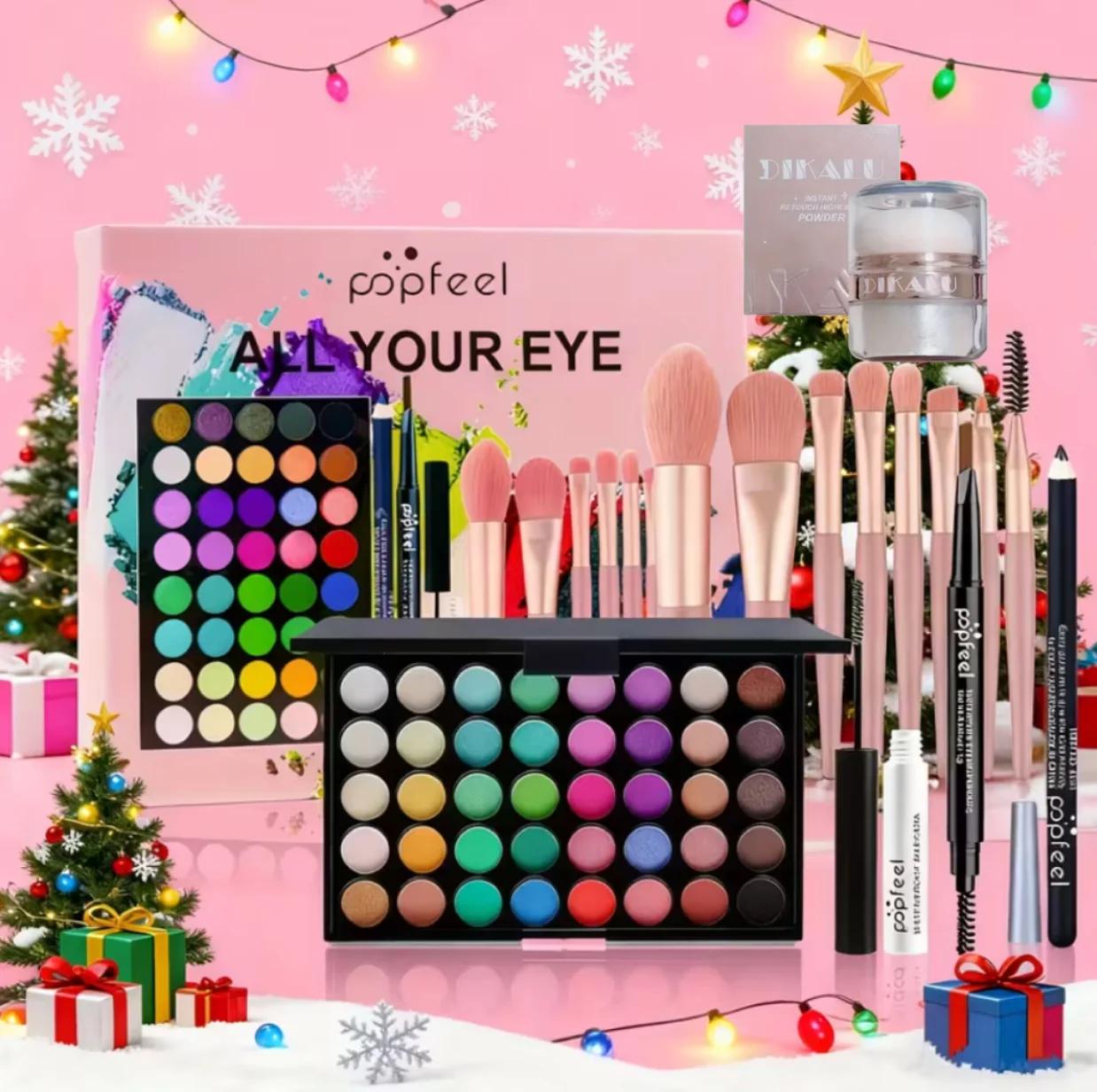 POPFEEL Kit de maquillage complet tout-en-un avec pinceau + illuminateur pour le visage - Ensemble d