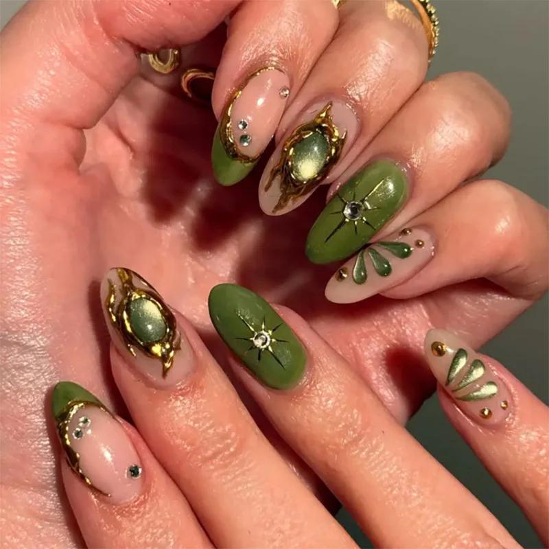24 pièces faux ongles courts en amande ailes de papillon Nail Art avec colle paillettes fleur faux o