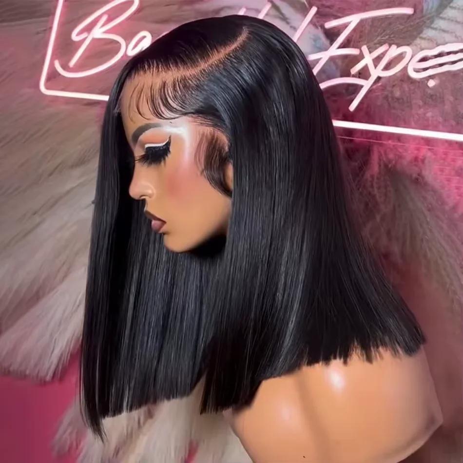 Perruques Bob à densité 220 %, lisses, en cheveux humains, avec dentelle frontale 13x4, en cheveux b