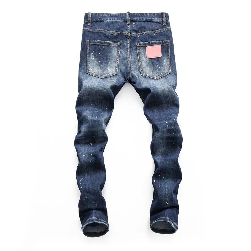 Haute qualité rue mode hommes jean rétro bleu élastique coupe ajustée déchiré jean hommes broderie c