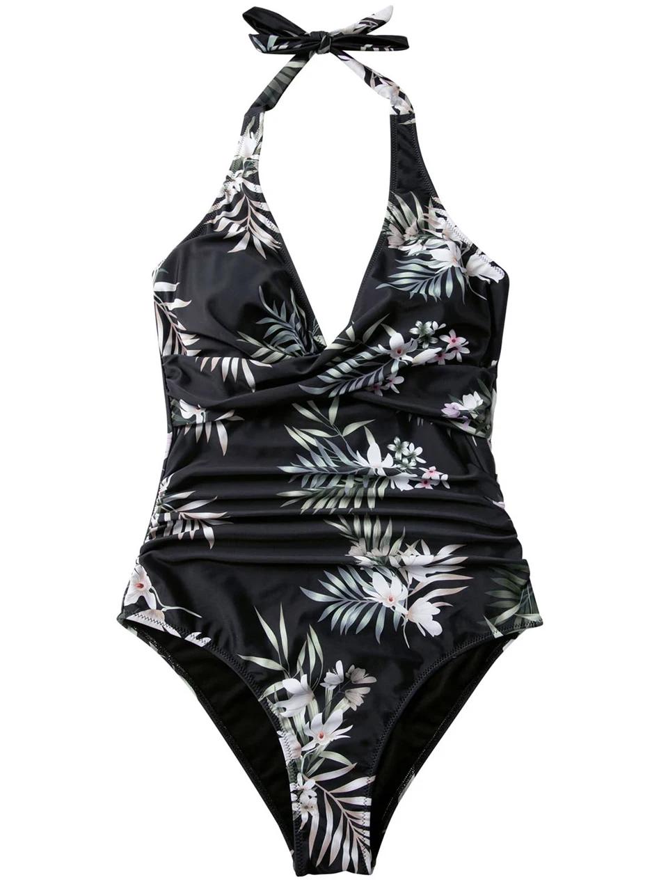 Maillot de bain une pièce imprimé croisé smocké, col licou, Sexy, pour femmes, vêtements de plage re