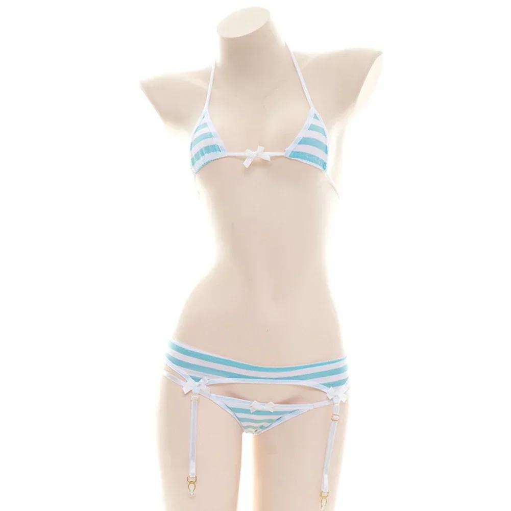 Ensemble Bikini Sexy pour femmes, sous-vêtements à bretelles, Lingerie mignonne à rayures, Micro-Bik