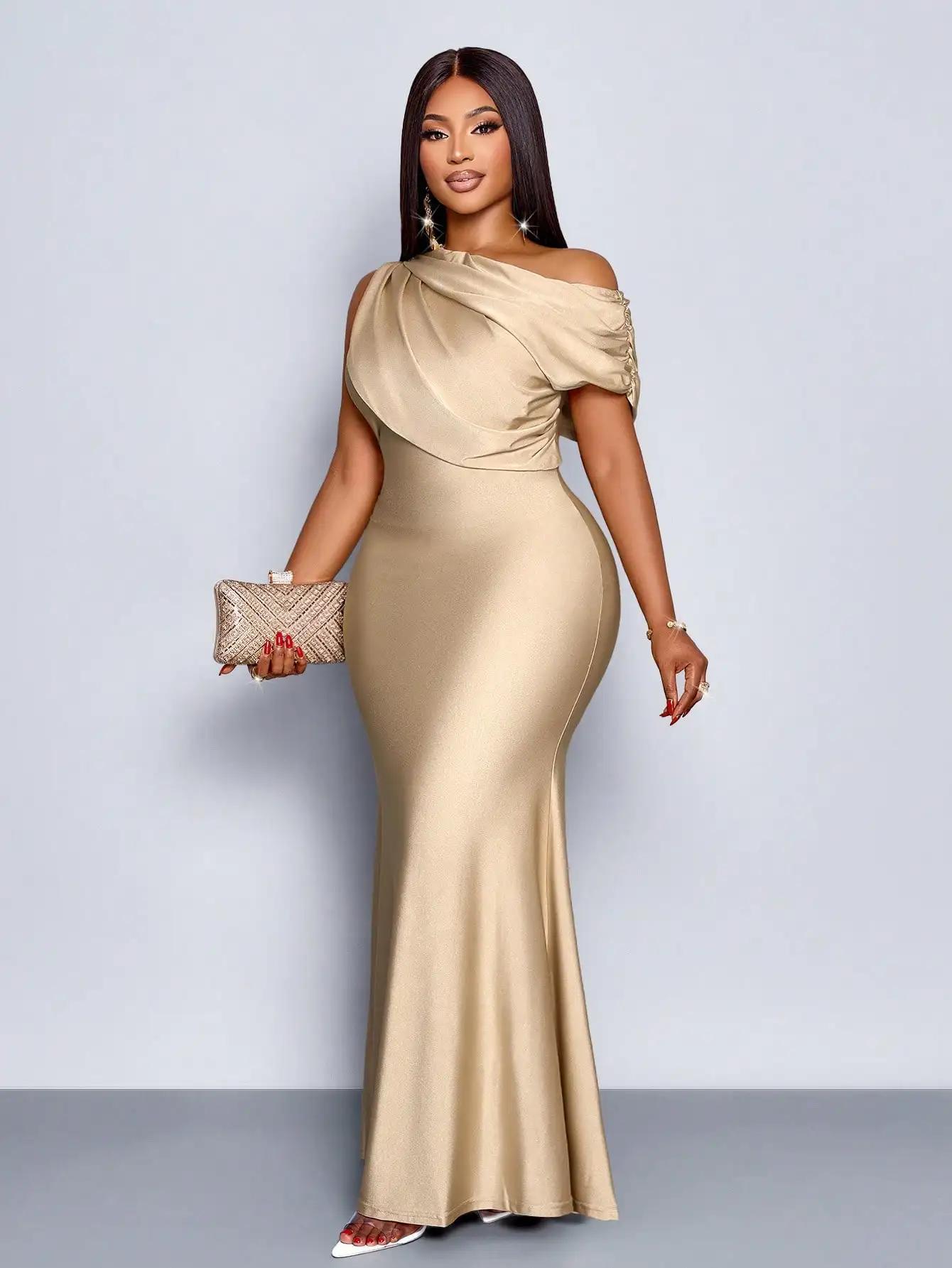 Robe de soirée élégante à épaules dénudées, taille plus, style sirène, en abricot brillant pour mari