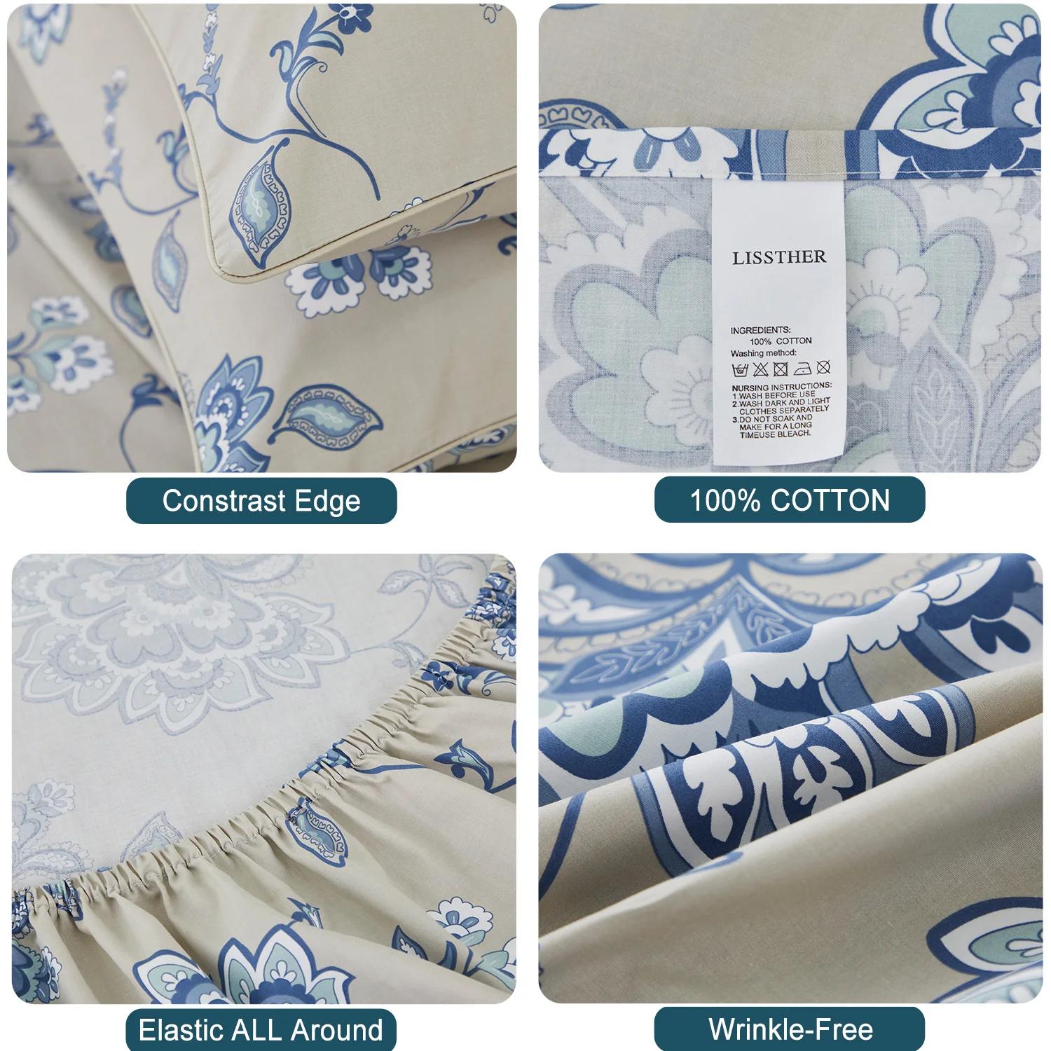 Ensemble de draps en coton égyptien 100% 600TC, 4 pièces, motif Paisley damassé bleu Boho, doux pour