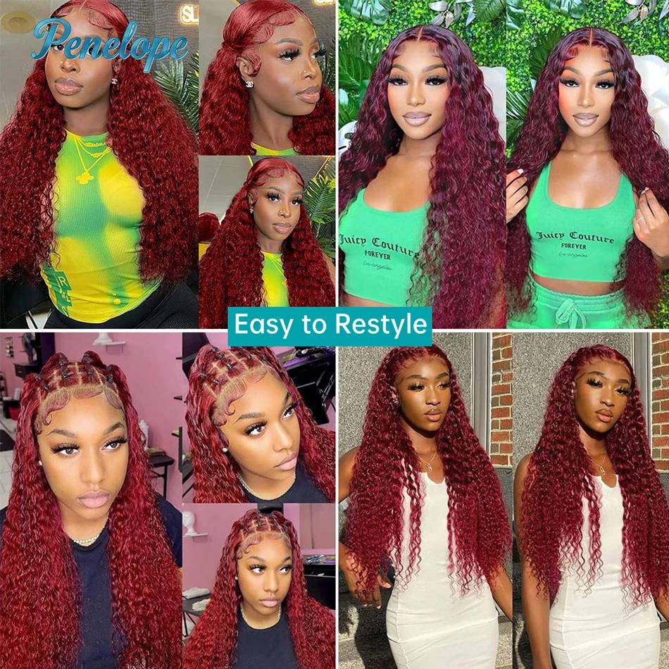 Perruque de cheveux humains bouclés brésiliens Deep Wave, densité 220, couleur bordeaux 99J, avec de