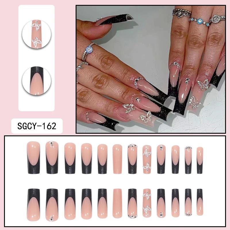Ensemble de 24 pointes d'ongles français noires de forme rectangulaire, à la mode, avec paillettes e