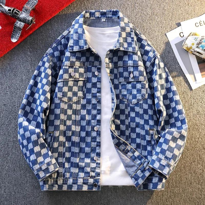 Vestes pour homme, tendance, surdimensionnées, à imprimé damier, en denim, style streetwear décontra
