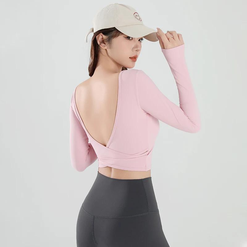 T-shirt de sport à manches longues pour femmes, Sexy, court, dos nu, coussin de poitrine fixe, serré