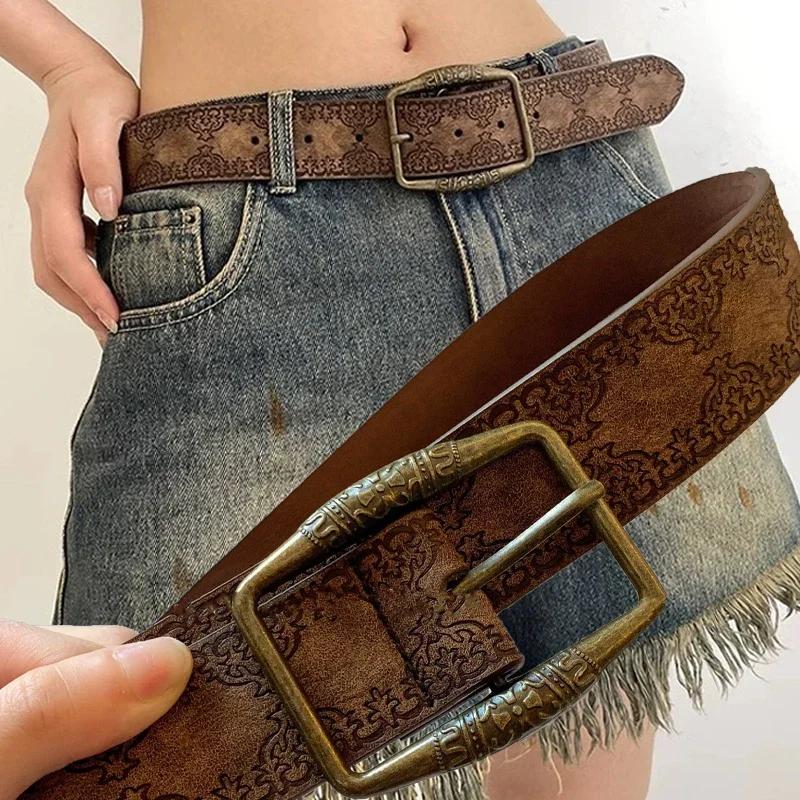 Ceinture de taille en cuir PU pour femme, ceinture assortie, motif rétro, imprimé environnemental, m