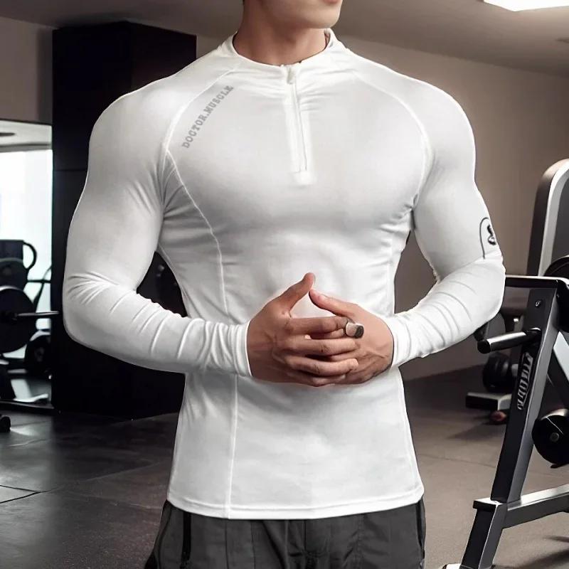 T-shirt sport hommes manches longues séchage rapide élastique serré col rond fermeture éclair printemps automne