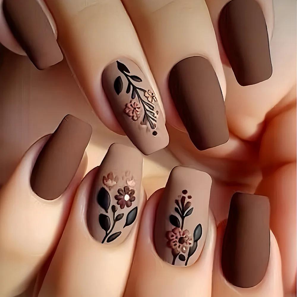 Faux ongles courts et moyens, violet, bleu, rouge, marron, fleurs noires, papillon, automne-hiver, p