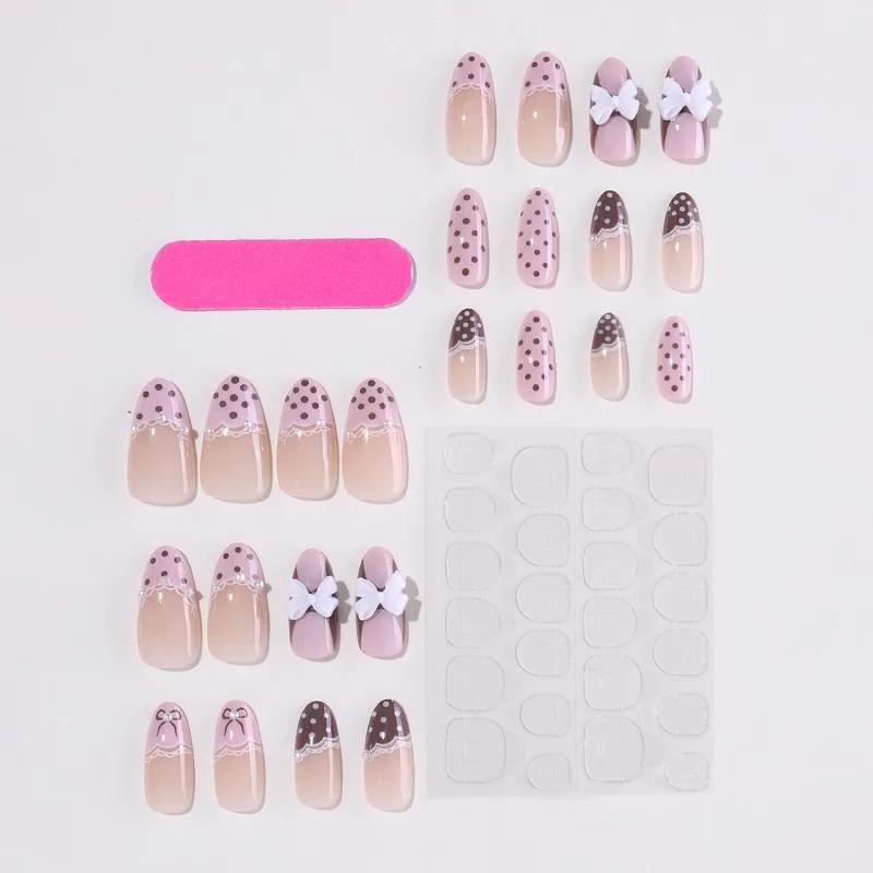 24 faux ongles en gel press-on rose bonbon, pois marrons, nœud papillon blanc 3D, faux ongles pour f