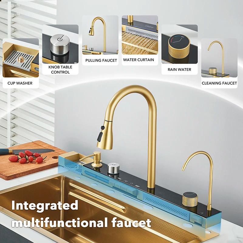 Évier de Cuisine en Acier Inoxydable localité à Double Cascade, Grand Lavabo en Relief à une Fente,